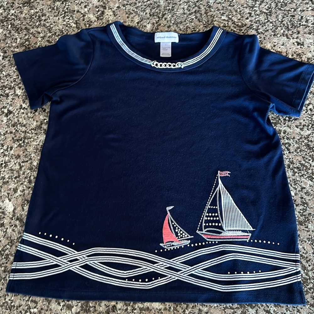 Alfred Dunner Nautical Short sleeve Shirt Sailboat rhinestones Cotton Polyester